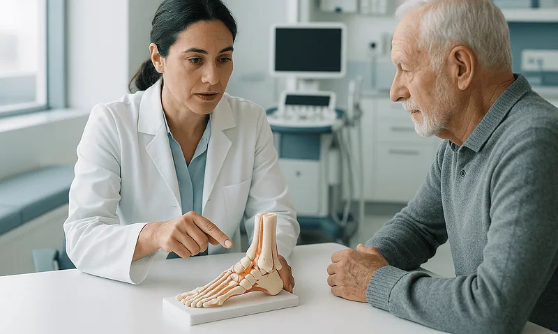 Doctor explaining diabetic foot care to an elderly patient with foot model.