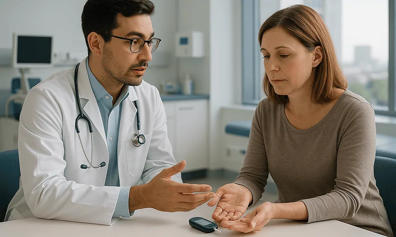 Doctor consulting with a patient about diabetic symptoms in a hospital setting.