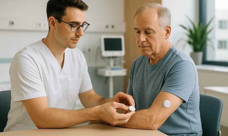 Doctor administering a blood glucose test to an elderly patient at a hospital.