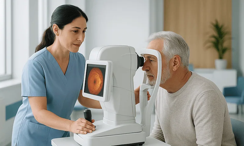 Optometrist examining elderly patient's eye with specialized equipment.