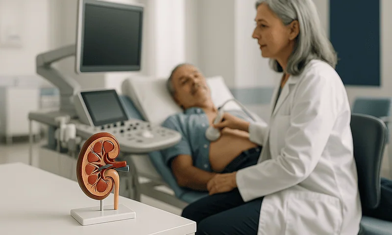 Doctor consulting with a patient in a hospital room with a kidney model in foreground.