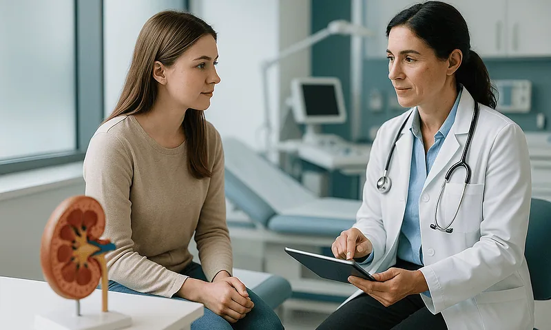 Doctor consulting with a patient about kidney health in a hospital setting.