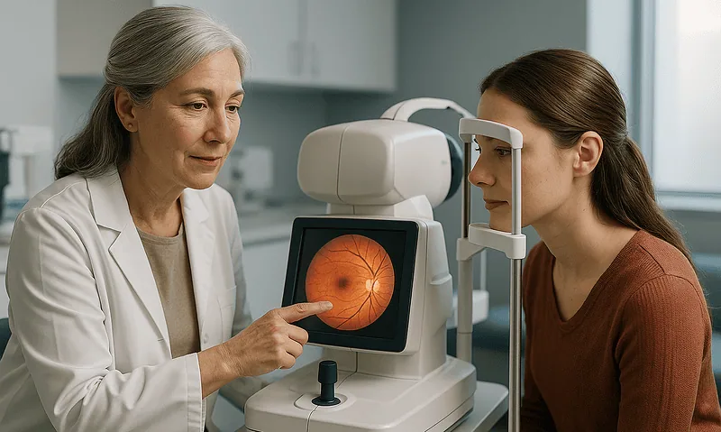 Optometrist examining retinal scan for diabetic retinopathy diagnosis.