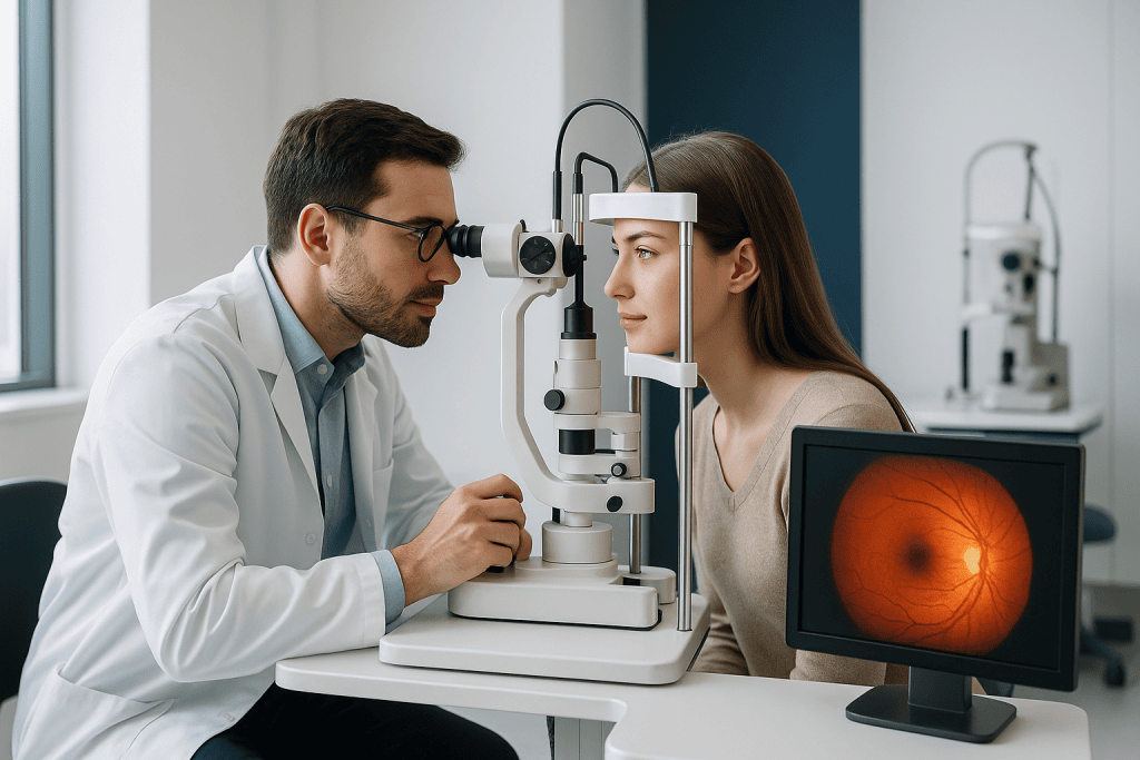 Diabetic Retinopathy Treatment 1 Ophthalmologist examining patient's eye with slit lamp in clinic.