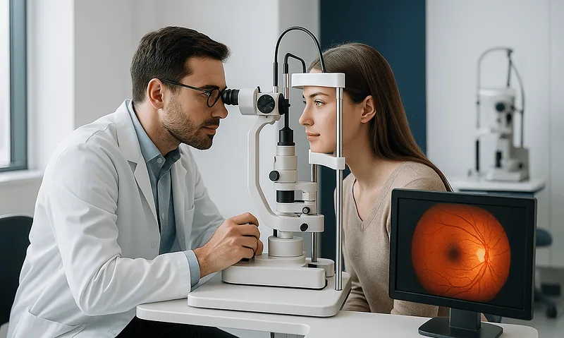 Ophthalmologist examining patient's eye with slit lamp in clinic.