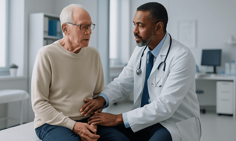 Doctor consulting with elderly patient in a medical office.