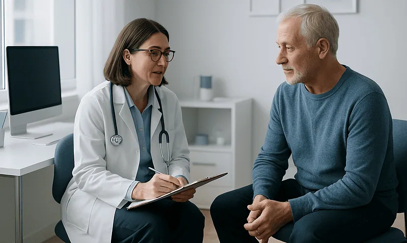 Doctor consulting with an elderly male patient in a medical office.