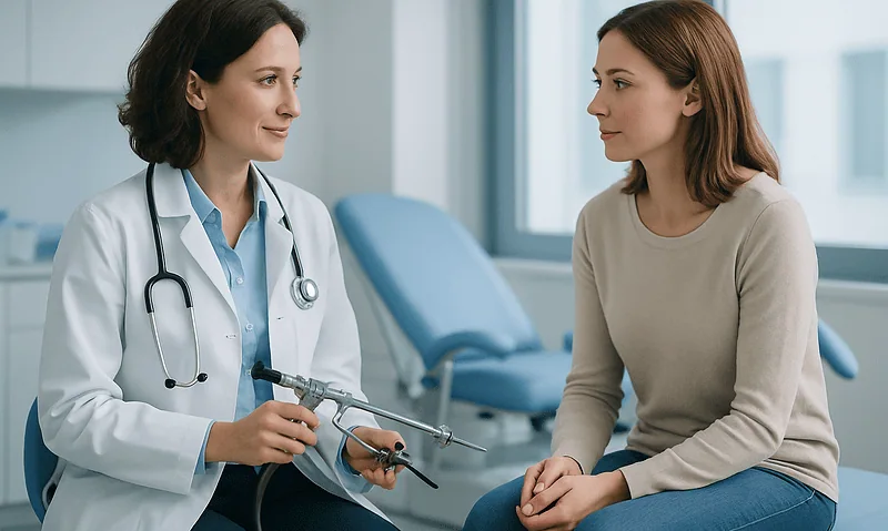 Gynecologist explaining hysteroscopy procedure to a patient in a clinic.