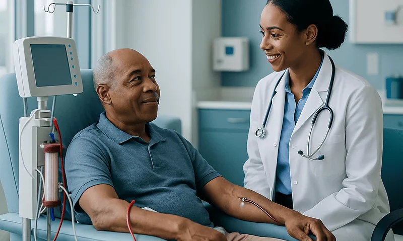 Doctor consulting dialysis patient in hospital room.
