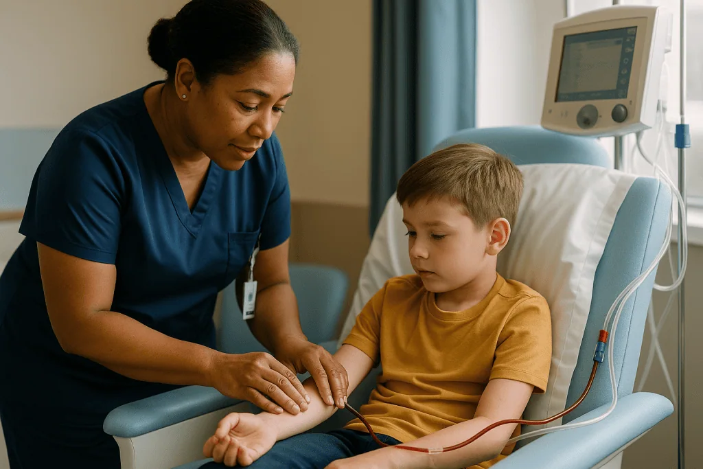 Healthcare professional examining child's arm during medical procedure: Dialysis access care for children: why nurses look, 