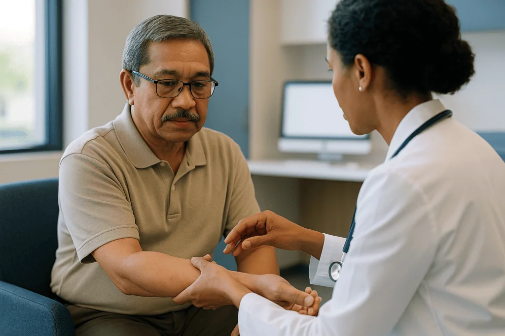 Doctor examining patient's arm in clinical consultation: Dialysis fistula surgery: why vein protection begins at the first c