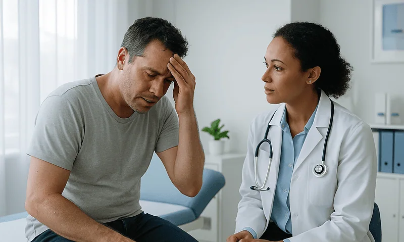 Doctor consulting with a patient experiencing stress or discomfort.