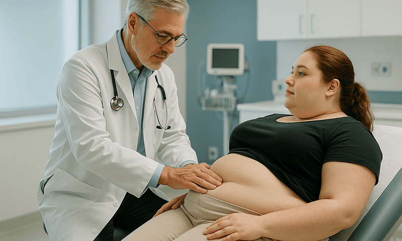 Doctor examining a woman's abdomen in a hospital setting.