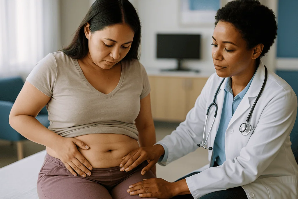 Doctor examining pregnant patient's abdomen in clinic: Diastasis recti: the gap the scar cannot tell you about