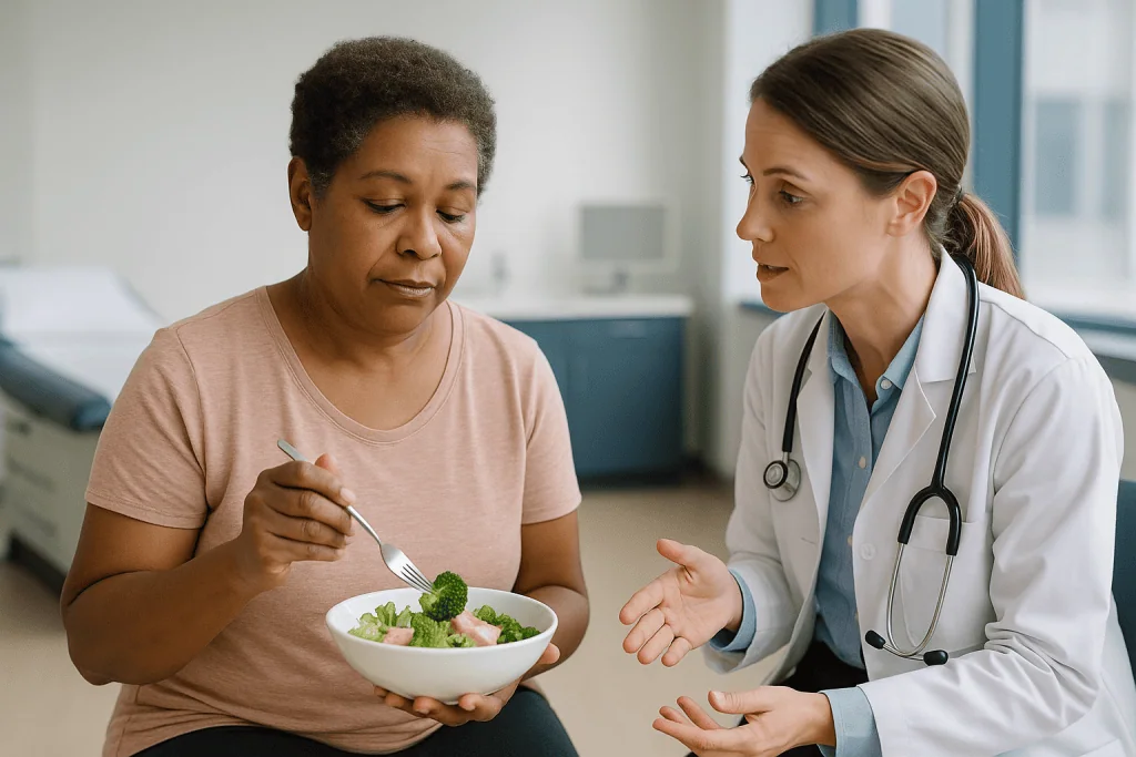 Doctor consulting patient about healthy diet with salad bowl: Diet after gallbladder removal: what tends to help in the earl