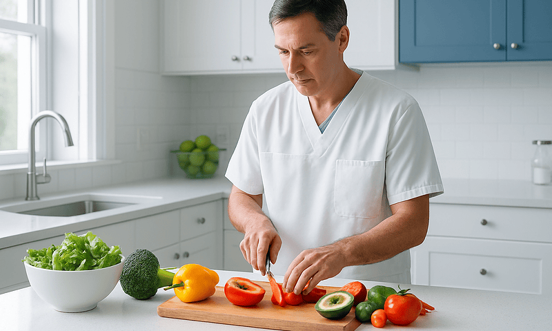 Male chef preparing fresh vegetables in a modern kitchen.