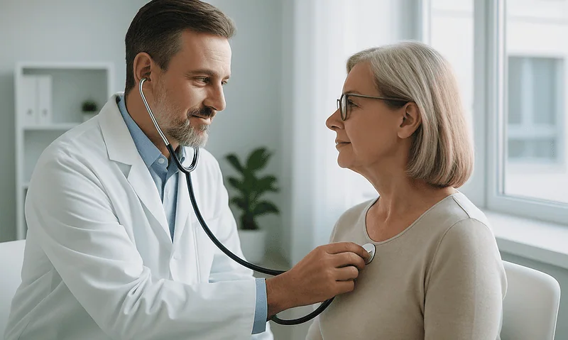 Doctor examining an elderly woman with a stethoscope in a medical office.
