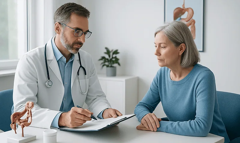 Doctor consulting with an older female patient in a medical office.