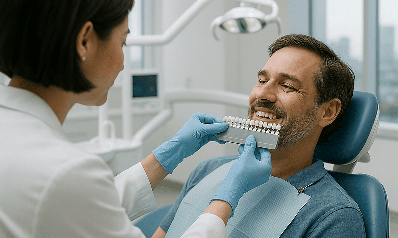 Dentist showing dental shade guide to patient in a modern clinic.