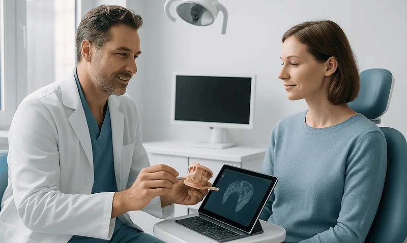 Dentist explaining digital dental scan to patient in clinic.