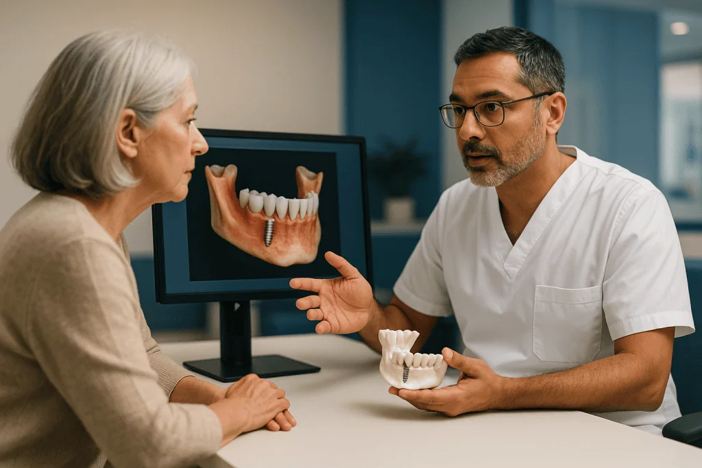Dentist discussing implant scans with senior patient: Digital implant planning: what 3D imaging and guided surgery add (and 