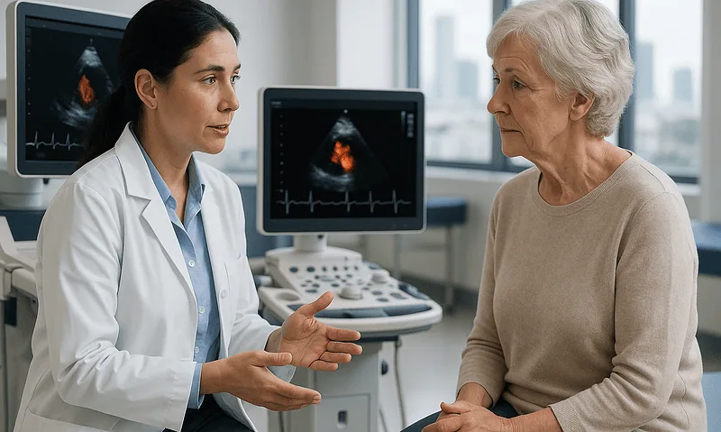 Cardiologist discussing heart health with elderly woman in hospital.