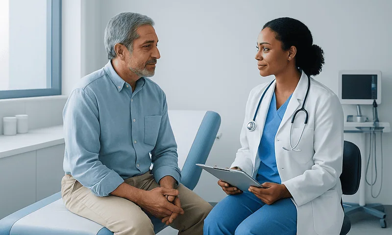 Urologist consulting with a male patient in a medical office.