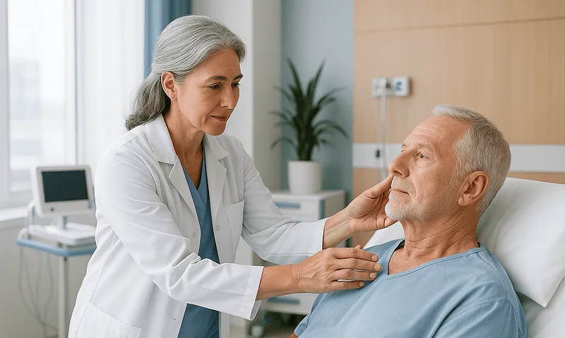Doctor examining an elderly male patient in a hospital room.