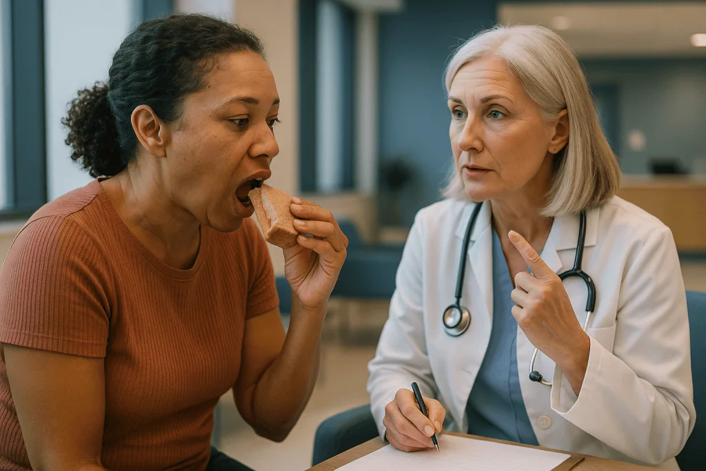 Doctor consultation with patient eating bread: Dimple surgery infection signs and why the mouth is a tricky place to heal