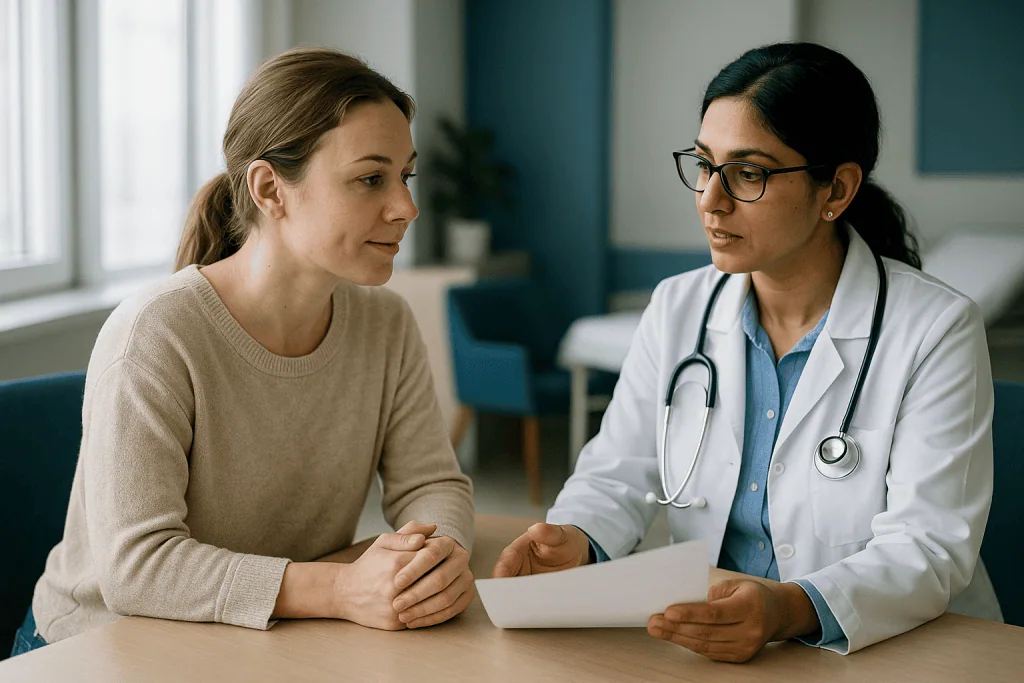 Doctor consulting with patient, reviewing medical document: Dimple surgery risks: what the evidence base actually looks like
