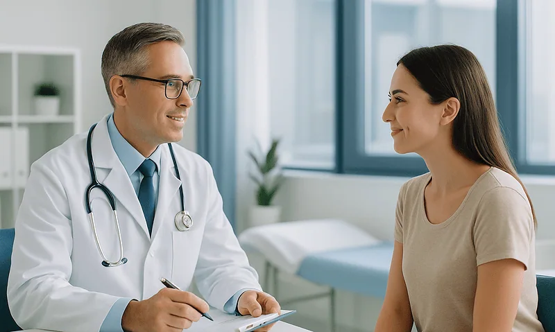 Doctor consulting with a patient in a modern clinic setting.
