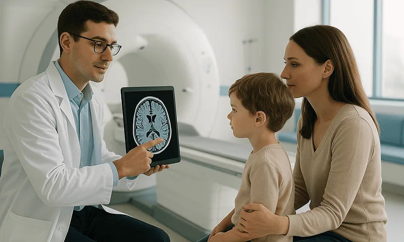 Doctor explaining brain scan to young boy and mother in hospital.