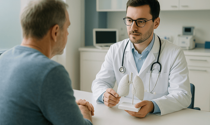Doctor explaining diphtheria symptoms to patient with larynx model.