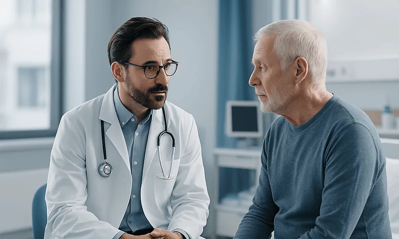 Doctor consulting with elderly patient in hospital setting.