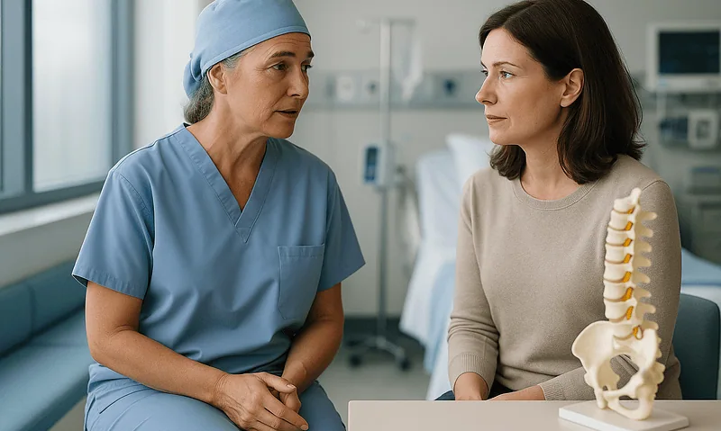 Doctor explaining spinal surgery options to a patient in a hospital room.