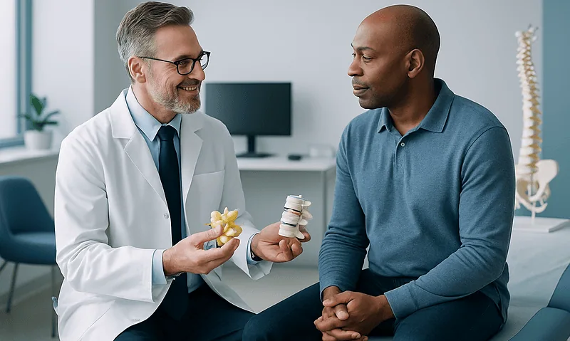 Doctor explaining spinal disc models to patient in consultation room.