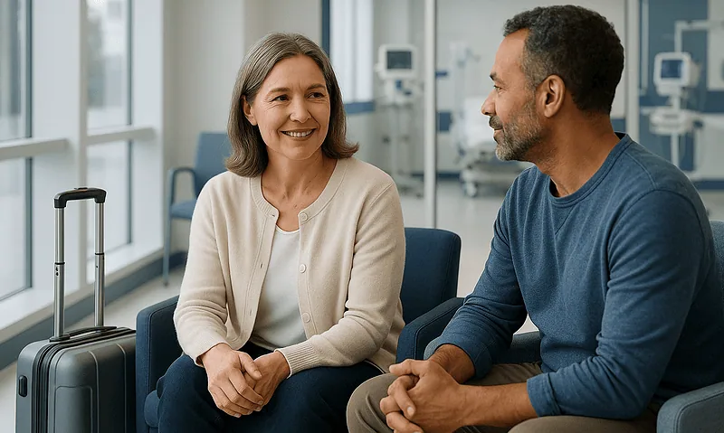Patient and healthcare professional having a friendly conversation at hospital.