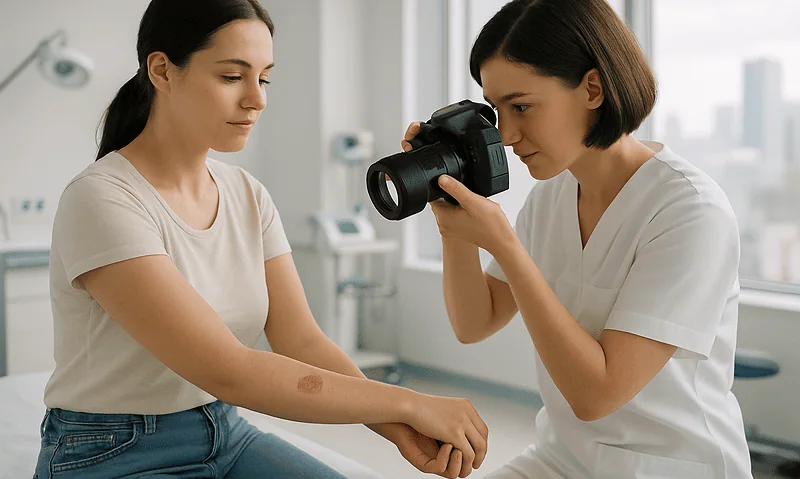 Doctor photographing patient's arm with skin condition in clinic.
