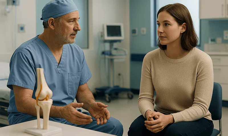Doctor consulting with a young female patient in a hospital room.