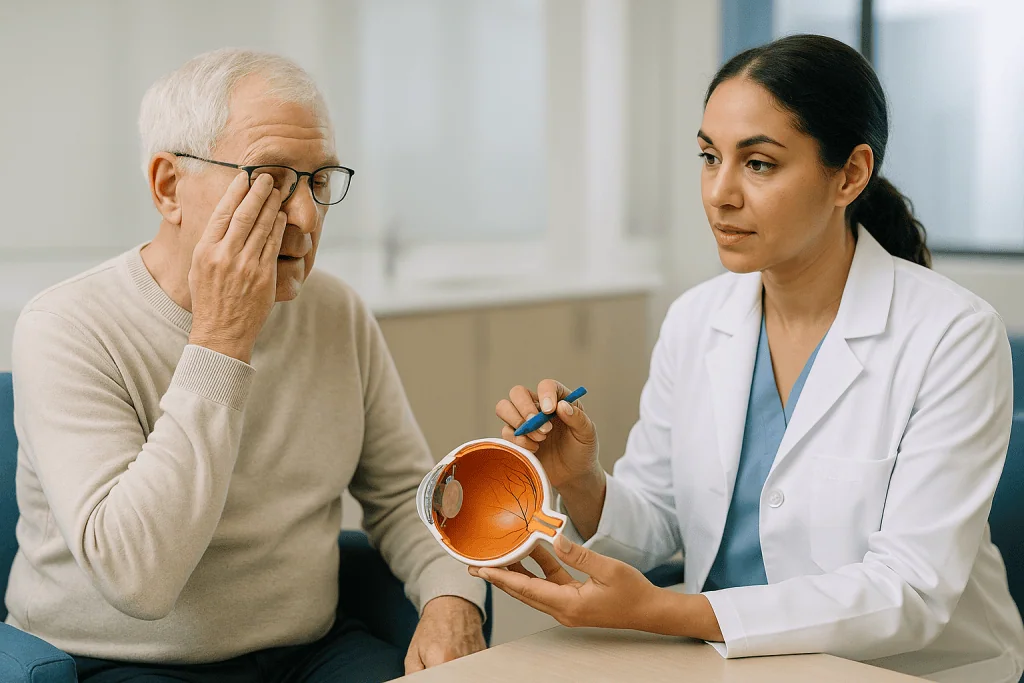 Ophthalmologist consulting senior patient about eye anatomy model: Dislocated lens after cataract surgery: what is happening