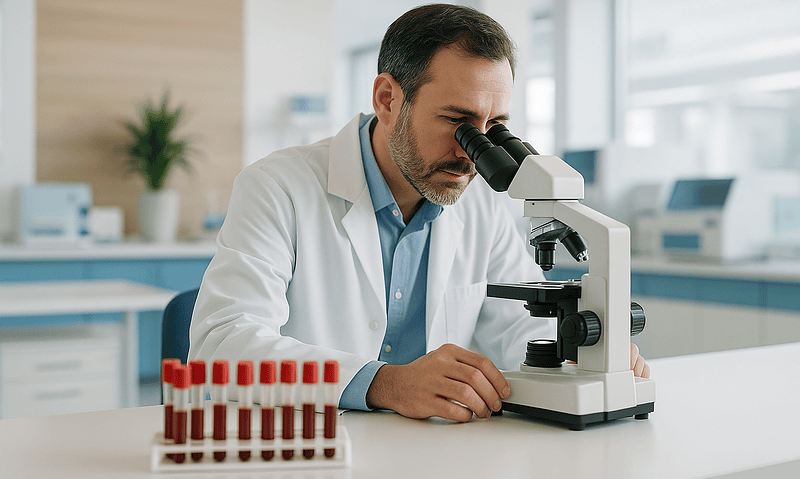 Researcher examining blood samples with microscope in laboratory setting.