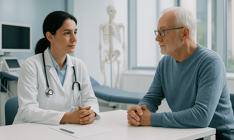 Doctor consulting with elderly patient in medical office.