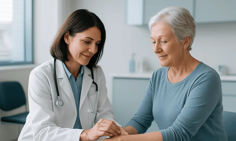 Doctor examining elderly woman's wrist in a medical consultation.