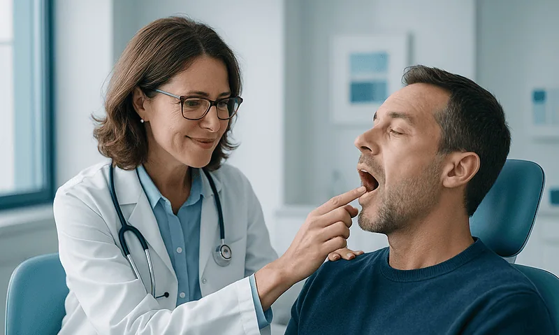 Dentist examining patient's mouth for dissolvable stitches.