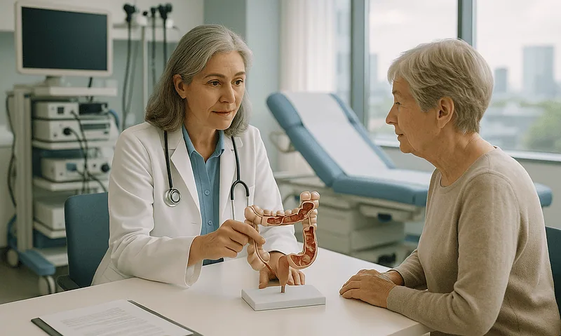 Doctor explaining colon model to elderly patient in hospital setting.