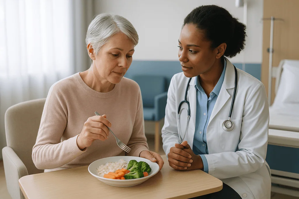 Doctor consulting patient about healthy diet with vegetables: Diverticulitis recovery time: the honest overview