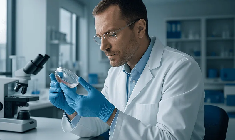 Research scientist examining a petri dish in a laboratory setting.