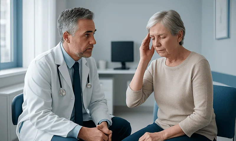 Doctor consulting with an elderly woman about health concerns.