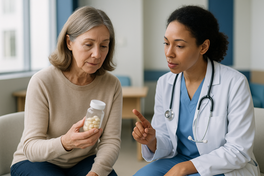 Doctor consulting with older female patient about medication: DMARDs: how long to work for rheumatoid and other inflammatory