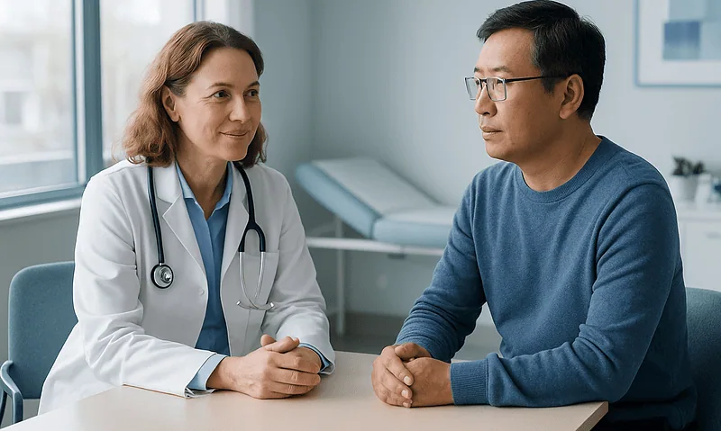 Doctor consulting with a male patient in a medical office.